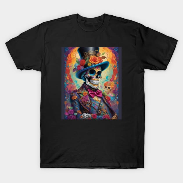 Vivid Celebration: Sugar Skull Dapper Skeleton Delight T-Shirt by ImaginativeInkPOD